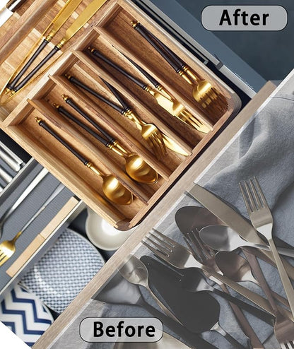 Silverware Drawer Organizer, Acacia Wood Tray for Cutlery & Flatware | Fixed 10.5" Wide, 7-Compartment Utensil Holder for Forks & Spoons