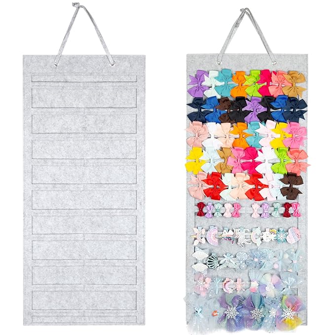 Bow Organizer - 10 Layer Display Holder for Girls Hair Bows - Wall, Door, Closet Mount (Grey-A)