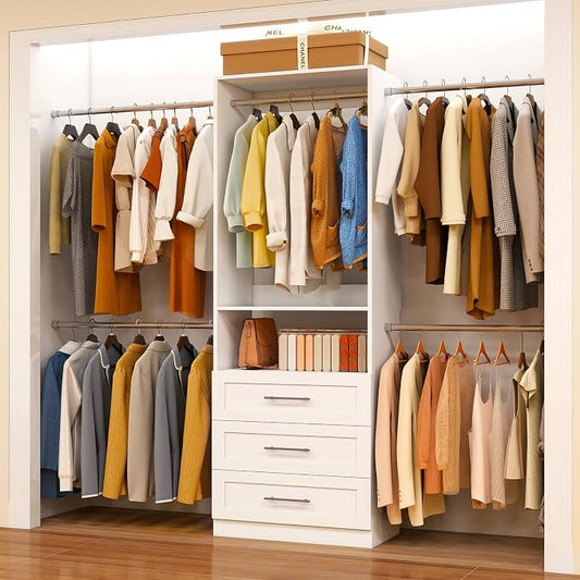 Closet System, 4FT-9FT Closet Organizer System with 3 Wooden Drawers Walk-in Closet Storage System with 5 Expandable Hanging Rods Wall Mount White