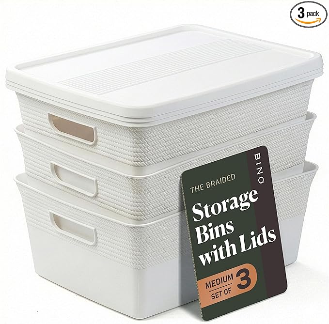 BINO | Plastic Storage Bins with Lids, 13 Liter - 3 Pack, White | THE BRAIDED COLLECTION | Plastic Bins for Organization Woven Storage Baskets for Organizing Pantry Shelf Organizer Basket Bin