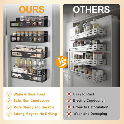 Magnetic Spice Rack for Refrigerator, 4-Pack Metal Seasoning Organizer for Kitchen Storage Organization, Magnetic Shelf for Fridge Space Saving Spice Organizer, Black