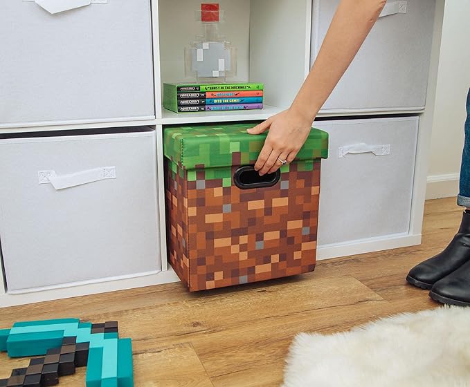 Minecraft Grassy Block 13-Inch Storage Bin Chest with Lid | Foldable Fabric Basket Container, Cube Organizer with Handles, Cubby for Shelves, Closet | Home Decor Essentials, Video Game Gifts