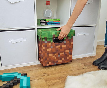 Minecraft Grassy Block 13-Inch Storage Bin Chest with Lid | Foldable Fabric Basket Container, Cube Organizer with Handles, Cubby for Shelves, Closet | Home Decor Essentials, Video Game Gifts