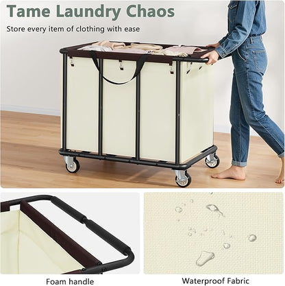 FAVOOSTY 470L Heavy Duty Commercial Laundry Cart with Wheels,Industrial Rolling Laundry Hamper, Extra Large Laundry Basket, Metal Frame for Hotel/Hospital/Home, 440lbs (Beige)