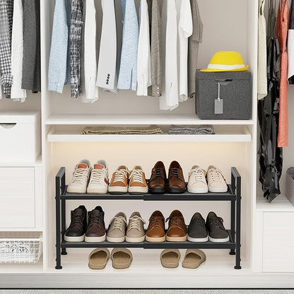 2 Tier Shoe Rack, Expandable Shoe Rack for Closet, Adjustable Shoe Organizer for Entryway, Shoe Storage Organizer for Door Entrance, Garage, Bedroom