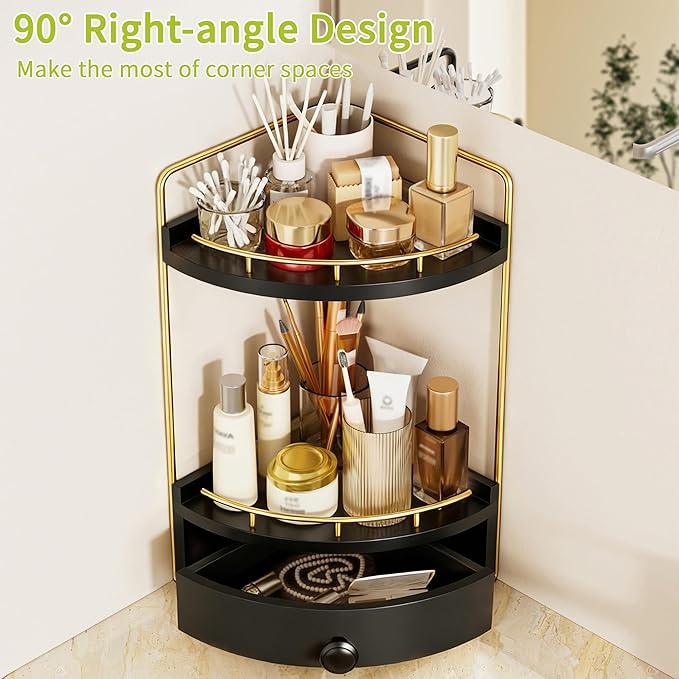 2-Tier Corner Bathroom Counter Organizer with Drawer & Embedded Screw Holes - Wooden Countertop Organizers for Skincare, Makeup Storage, Bathroom Sink Counter Shelf for Vanity, kitchen, Black Gold