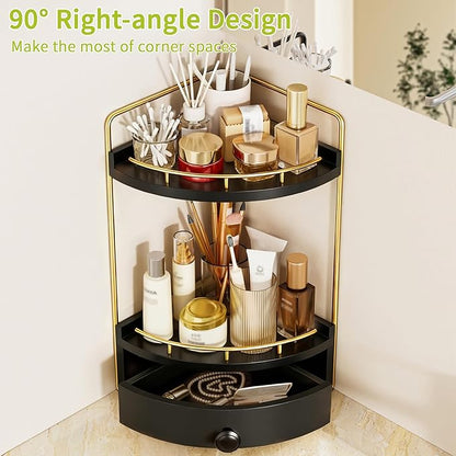2-Tier Corner Bathroom Counter Organizer with Drawer & Embedded Screw Holes - Wooden Countertop Organizers for Skincare, Makeup Storage, Bathroom Sink Counter Shelf for Vanity, kitchen, Black Gold