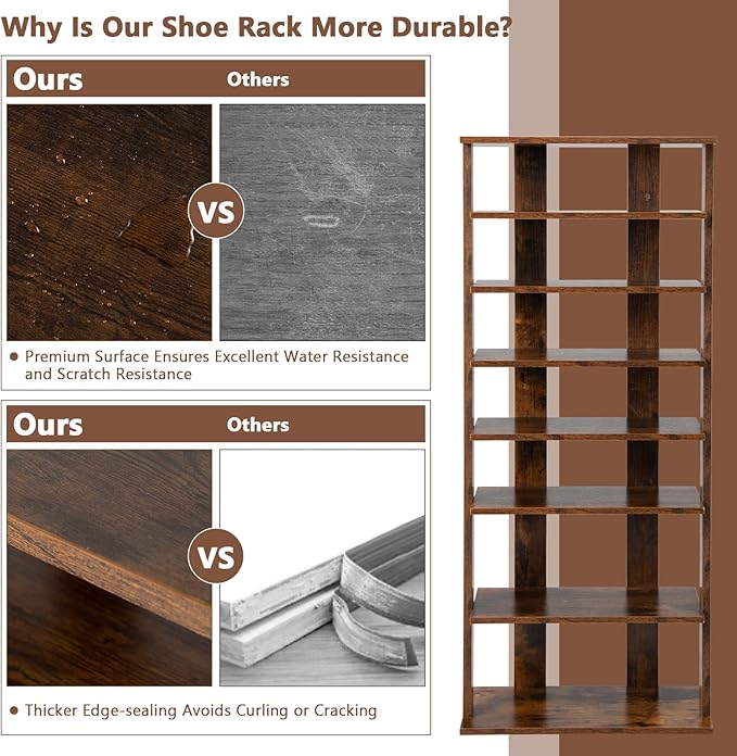 Giantex 8-Tier Wooden Shoe Rack, Patented Double Row Shoe Organizer for 16 Pairs, Customizable Height, Space-Saving Shoe Storage Stand for Entryway, Hallway, Living Room, Bedroom, Brown
