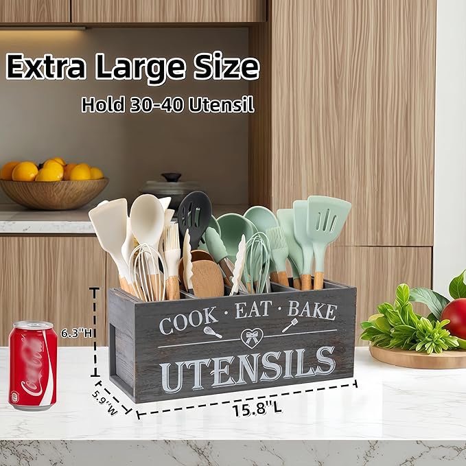 LIBODOUR Utensil Holder,Extra Large Wooden Utensil Holder For Kitchen Counter,Cooking Spatula Organizer,Big Storage Caddy with 4 Compartments Farmhouse Flatware Spoon Tool Cutlery（Grey）