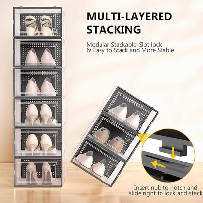 12 Pack X-Large Clear Shoe Storage Boxes, Stackable Modular Plastic Shoe Organizer Front-Opening Door, Fits up to US Size 9 to13, Ventilated Dust-Proof Sneaker Display Cases Closet and Entryway, Black