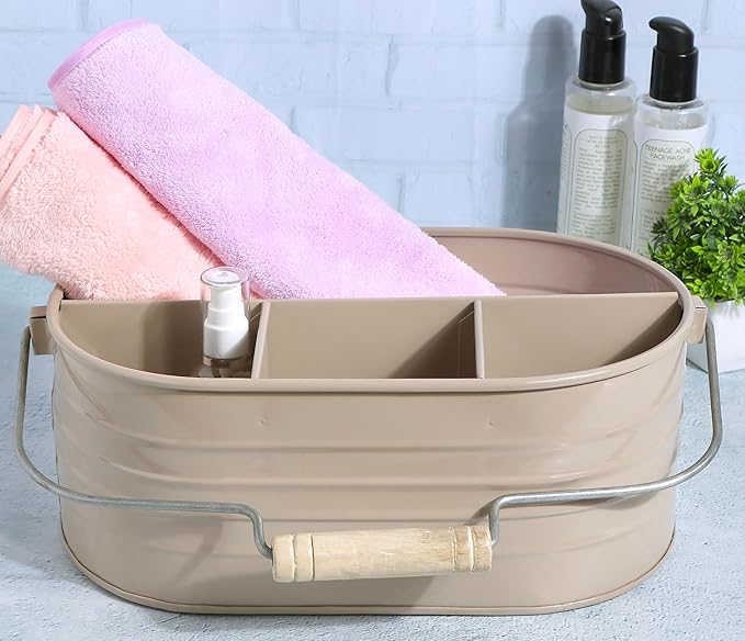 Alpha Living Home Multi-Functional Utensil Silverware Caddy - 4 Compartment Organizer for Kitchen, Party & Office – Durable Beige Powder-Coated Iron Alloy with Wooden Handle