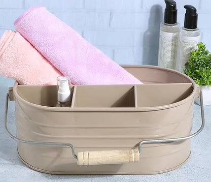Alpha Living Home Multi-Functional Utensil Silverware Caddy - 4 Compartment Organizer for Kitchen, Party & Office – Durable Beige Powder-Coated Iron Alloy with Wooden Handle