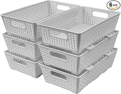 Tiawudi Stackable Woven Plastic Basket, Storage Bins for Cabinet, Closet, Shelf, Under Sink and Countertop, Pantry Organizer Bins, 6 Pack
