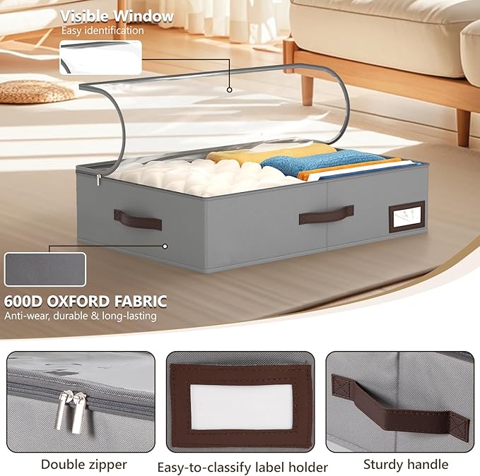OIAHOMY 2 Pack Under Bed Storage with 4 Compression Bags, Underbed Organizers for Bedroom & Closet, Fits Beds Higher than 5.9", Space-Saving for Seasonal Clothes, Blankets & Shoes - Grey