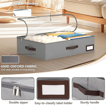 OIAHOMY 2 Pack Under Bed Storage with 4 Compression Bags, Underbed Organizers for Bedroom & Closet, Fits Beds Higher than 5.9", Space-Saving for Seasonal Clothes, Blankets & Shoes - Grey