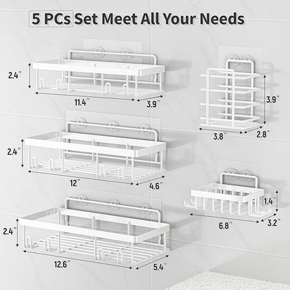 Liuoud 5 Pack Shower Caddy Organizer Rack Shelf for Inside Shower, Self Adhesive Wall Storage Basket Rustproof Stainless Steel Shampoo Holder Bathroom Accessory Decor Set, White