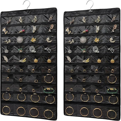 2 PACK (Each Pack 80 Pockets,Total 160 Pockets) Hanging Jewelry Organizer with Hanger Metal Hooks Storage On Wall Door Closet Double-Sided Jewelry Holder for Earrings, Necklaces, Rings (2 Pcs Black)
