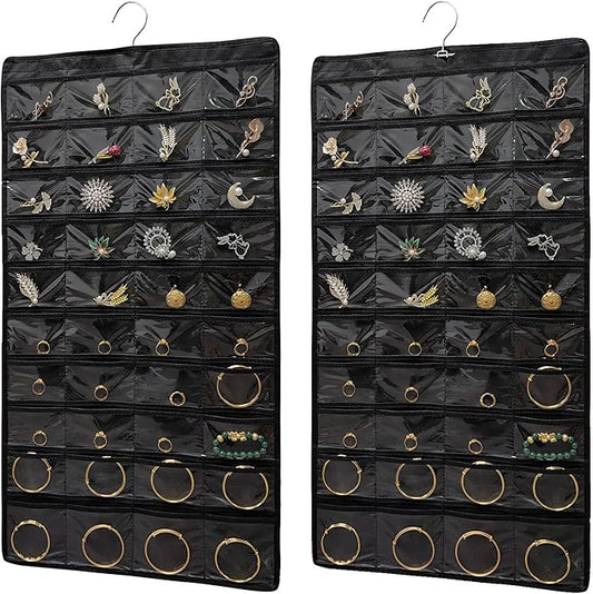 2 PACK (Each Pack 80 Pockets,Total 160 Pockets) Hanging Jewelry Organizer with Hanger Metal Hooks Storage On Wall Door Closet Double-Sided Jewelry Holder for Earrings, Necklaces, Rings (2 Pcs Black)