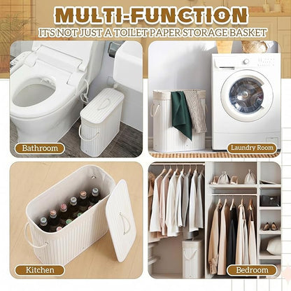 Leinuosen Bamboo Toilet Paper Storage Basket 8 Gallons/30 L Toilet Paper Organizer Holder with Lid Waterproof for Kitchen Bathroom Home(White,Regular)