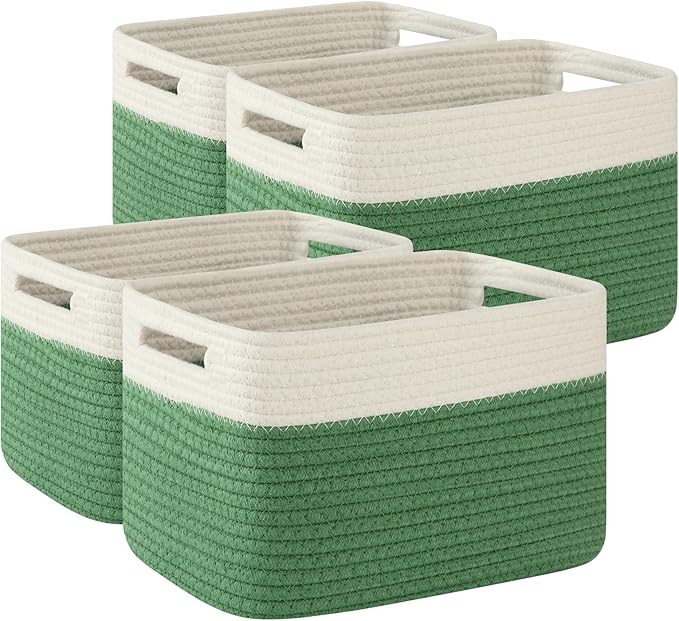 OIAHOMY 4 Pack Storage Baskets for Organizing, Basket for Shelves with Handle, Woven Baskets for Storage Toys, Towels, Books, Cotton Rope Basket 13" L x 9 " W x 7.8 " H, Olive Green & White
