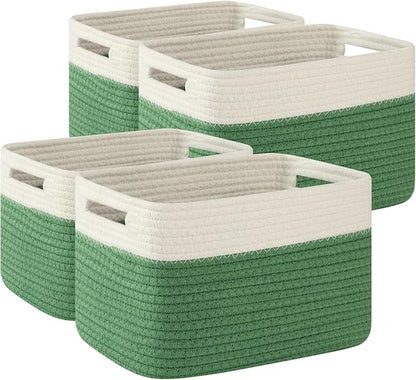OIAHOMY 4 Pack Storage Baskets for Organizing, Basket for Shelves with Handle, Woven Baskets for Storage Toys, Towels, Books, Cotton Rope Basket 13" L x 9 " W x 7.8 " H, Olive Green & White