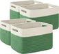 OIAHOMY 4 Pack Storage Baskets for Organizing, Basket for Shelves with Handle, Woven Baskets for Storage Toys, Towels, Books, Cotton Rope Basket 13" L x 9 " W x 7.8 " H, Olive Green & White