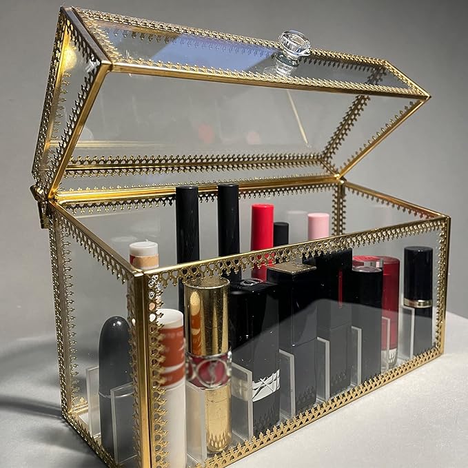 HighFree 24 Slots Glass Lipstick Organizer - Gold Vintage Transparent Display Box With Lid & Removable Dividers for Lip Gloss