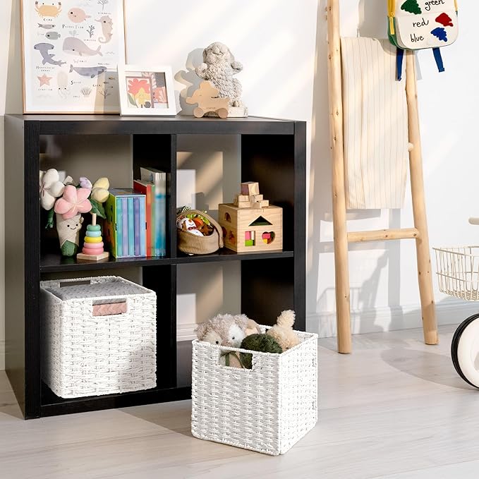 StorageWorks 9 inch Wicker Storage Cubes, Handwoven Wicker Baskets for Storage, Square Cube Basket, Foldable Paper Rope Basket for Organizing, White, 2 Pack