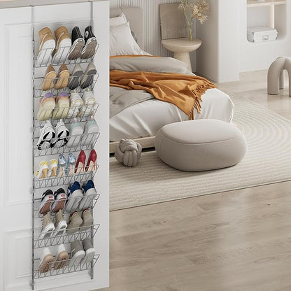 SWTYMIKI Over the Door Shoe Organizer - Adjustable 8 Tier Hanging Shoe Rack Organizer, Metal Heavy Duty Behind Door Storage or Wall Mount Shoes Shelf for Flats, Heels, Sneakers, Boots, Silver