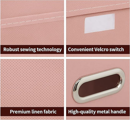 STOREONE Fabric Storage Cube Bins Foldable Organizer Container Collapsible Basket with Lids and Metal Handles, for Home, Bedroom, Closet 3 Pcs (multicolour-pink)