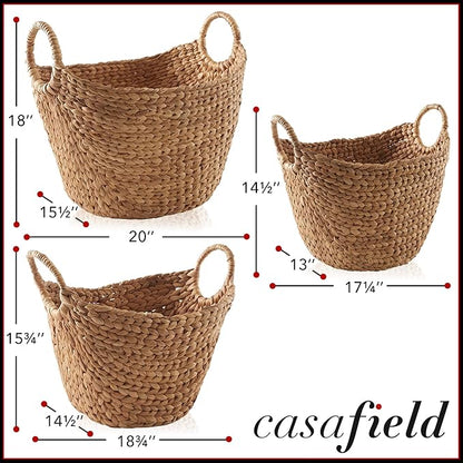 Casafield Set of 3 Multipurpose Boat Baskets with Handles - Cinnamon, Woven Water Hyacinth Storage Organizers for Throw Blankets, Bedroom, Laundry