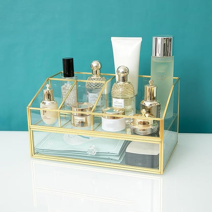 JIARI Glass Makeup Organizer with Drawer, Gold Frame Jewelry Display Box, Nordic Style Cosmetic Storage for Vanity Bathroom Bedroom Office, 9.44x5.43x4.92 Inches (Storage Box-2 Tier)