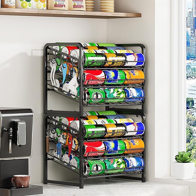 YOXIER Beverage Organizer Shelf Storage Rack Automatic Rolling 2 Tiers Large Capacity Beer Soda Holder Fridge Organizer Refrigerator Dispenser Black Dual Layer