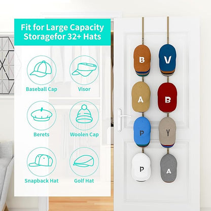 HapiRm Over Door Hat Rack - 2 Packs Hat Organizer with 8 Hooks Design, Hanging Baseball Cap Organizer Storage Holds Up to 40 Caps for Door, Bedroom, Closet (Gold)