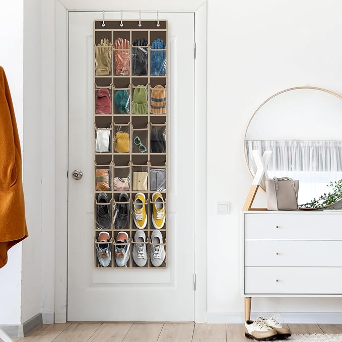Simple Houseware 24 Pockets - Crystal Clear Over The Door Hanging Shoe Organizer, Brown (64'' x 19'')