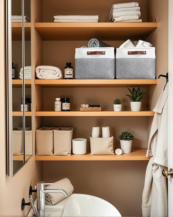 DECOMOMO Storage Bins, Large Fabric Storage Baskets for Shelves, Decorative Linen Closet Organizer, 15 x 11 x 9.5 inches (Grey & White, 1 Pack)