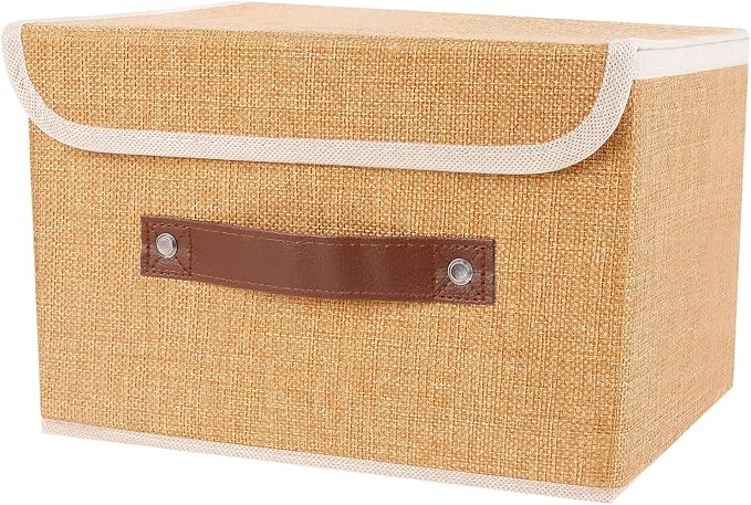 Small Storage Bin with Lid Storage Boxes,Collapsible Linen Storage Basket Container with Lid Storage Cube for Organizing Closets(Light brown)
