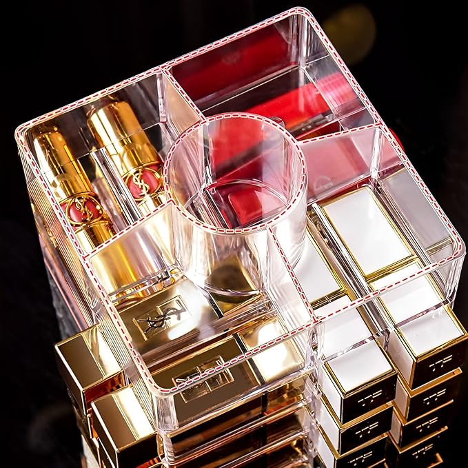 Sooyee 360 Degree Spinning Lipstick Organizer Holder 53 Spaces, Acrylic Cosmetic Display Cases for Lipstick, Brushes, Bottles, and More, Clear