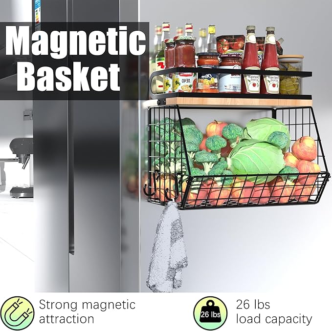 home Magnetic Shelf for Fridge with Wood Lid, Large Container Magnetic Spice Rack for Refrigerator,Fruit Potato and Onion Storage Bins, Pantry Organizers & Storage, Kitchen Counter, Cabinet