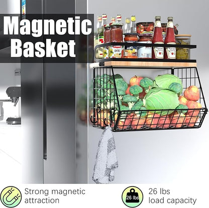 home Magnetic Shelf for Fridge with Wood Lid, Large Container Magnetic Spice Rack for Refrigerator,Fruit Potato and Onion Storage Bins, Pantry Organizers & Storage, Kitchen Counter, Cabinet