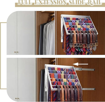 Blulu 13.8'' Sliding Tie Rack for Closet(Left Pull-Out), 60 Tie Pull Out Belt Hanger Wall Mounted Extending Metal Belt Organizer,Sliver