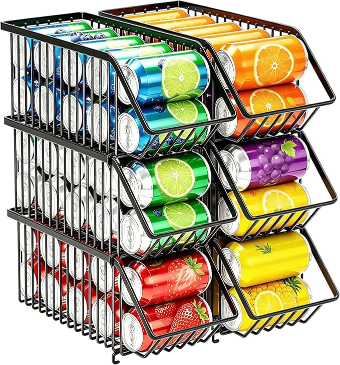 Stackable Soda Can Organizer Rack, Stacking Can Dispensers Refrigerator Organizer Bins Pop Soda Dispenser Canned For Fridge, Freezer, Kitchen, Cabinets (Black, 6)