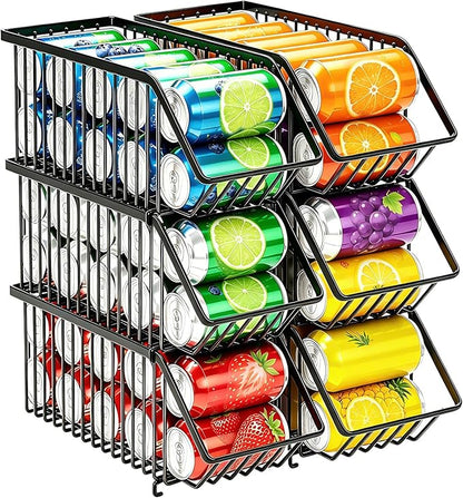 Stackable Soda Can Organizer Rack, Stacking Can Dispensers Refrigerator Organizer Bins Pop Soda Dispenser Canned For Fridge, Freezer, Kitchen, Cabinets (Black, 6)