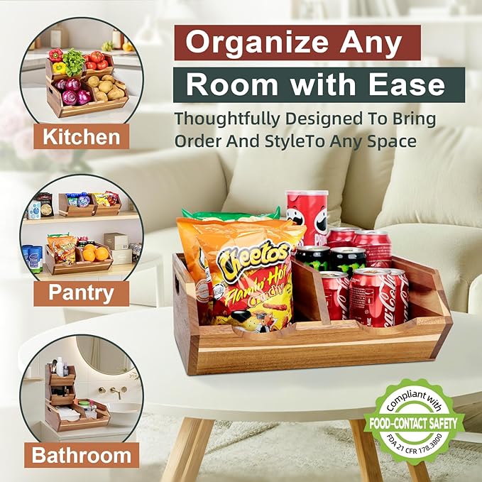 Acacia Wood Pantry Storage Bins, Stackable Potato and Onion Storage Bins for Kitchen Countertop, Set of 3 Wooden Pantry Organizer Baskets for Fruit, Vegetable, Snack