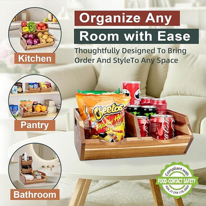 Acacia Wood Pantry Storage Bins, Stackable Potato and Onion Storage Bins for Kitchen Countertop, Set of 3 Wooden Pantry Organizer Baskets for Fruit, Vegetable, Snack