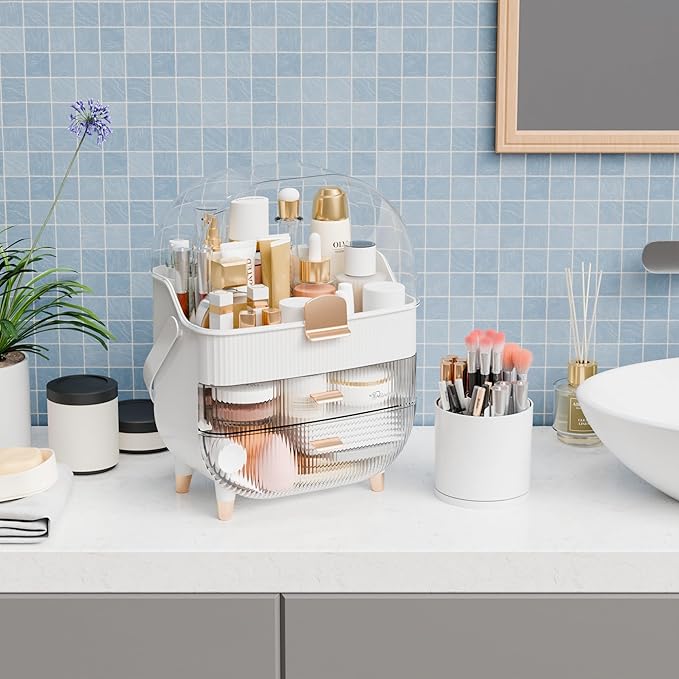 Yieach Countertop Makeup Organizer With Lid,Large Skincare Organizers With 2 Drawers,Dustproof Cosmetic Display Cases for Bathroom,Dresser,Lotion,Beauty,Skin Care Holder,Makeup Storage Organizer,White