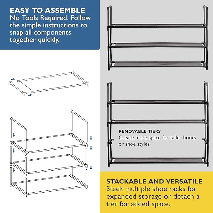 Sundaze Shoe Rack - 3 Tier Shoe Rack for Front Door Entrance, Sturdy Long Shoe Organizer for Closet, Bedroom, Entryway, Garage, Non Woven Fabric Shelf, Black, Holds Up to 15 Pairs