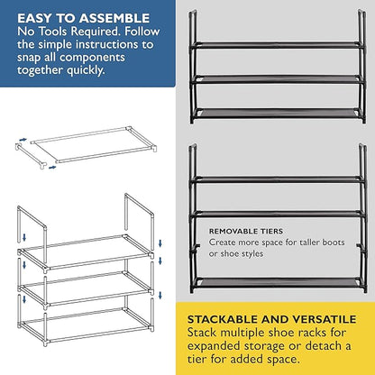 Sundaze Shoe Rack - 3 Tier Shoe Rack for Front Door Entrance, Sturdy Long Shoe Organizer for Closet, Bedroom, Entryway, Garage, Non Woven Fabric Shelf, Black, Holds Up to 15 Pairs