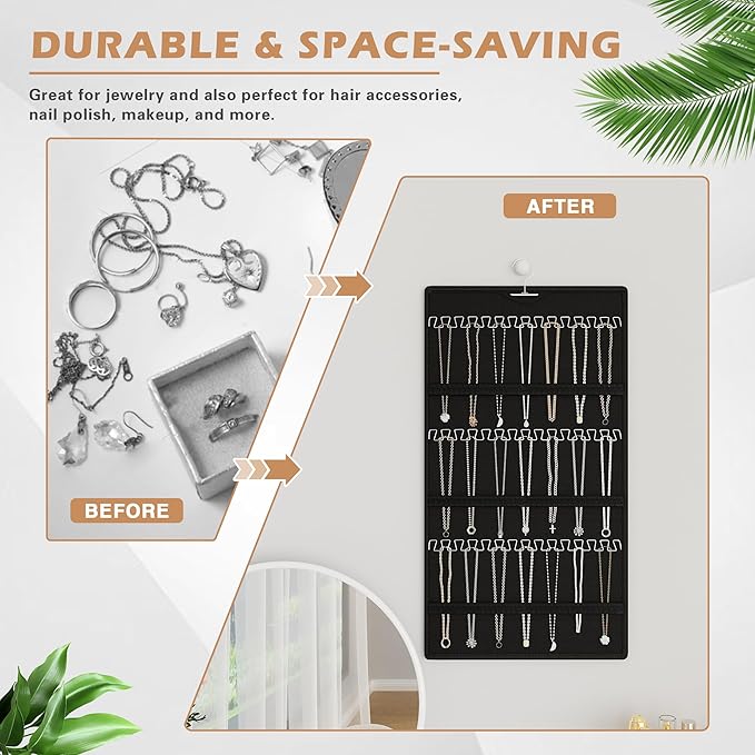 Hanging Jewelry Organizer Storage Roll, Double-Sided Necklaces Holder, 42 Pockets Plus 36 hooks Earrings Organizer Hang in Closet, On Wall, or Doors, Black