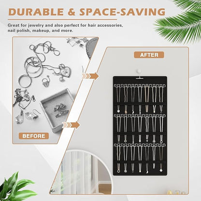 Hanging Jewelry Organizer Storage Roll, Double-Sided Necklaces Holder, 42 Pockets Plus 36 hooks Earrings Organizer Hang in Closet, On Wall, or Doors, Black